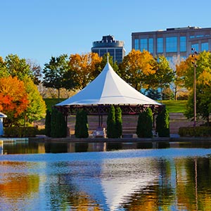 Gazebo and water at Centennial Lakes Park.