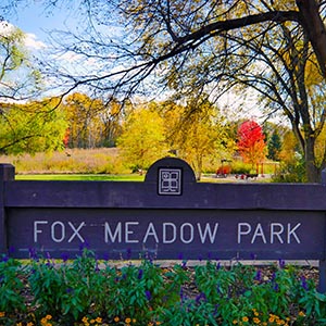 Fox Meadow Park entrance sign.