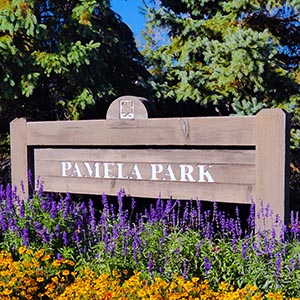 Pamela Park sign and garden.